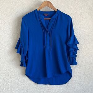 Vince Camuto Shirt Womens Size Small Blue V Neck Blouse Ruffle Sleeve‎